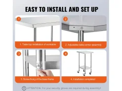 Mesa de Trabalho em Aço Inoxidável SucceBuy, 610 x 457 x 954,6 mm, Mesa Comercial de Preparação com 4 Rodízios Prateado