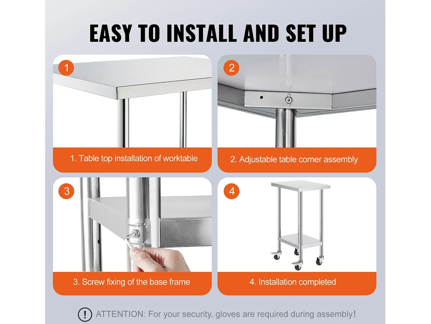 Mesa de Trabalho em Aço Inoxidável SucceBuy, 610 x 457 x 954,6 mm, Mesa Comercial de Preparação com 4 Rodízios Prateado