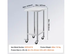 Mesa de Trabalho em Aço Inoxidável SucceBuy, 610 x 457 x 954,6 mm, Mesa Comercial de Preparação com 4 Rodízios Prateado