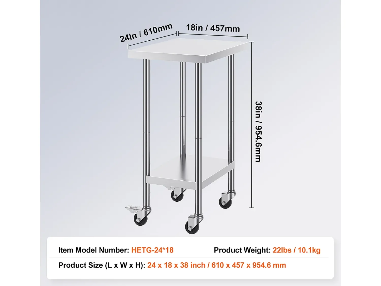 Mesa de Trabalho em Aço Inoxidável SucceBuy, 610 x 457 x 954,6 mm, Mesa Comercial de Preparação com 4 Rodízios Prateado