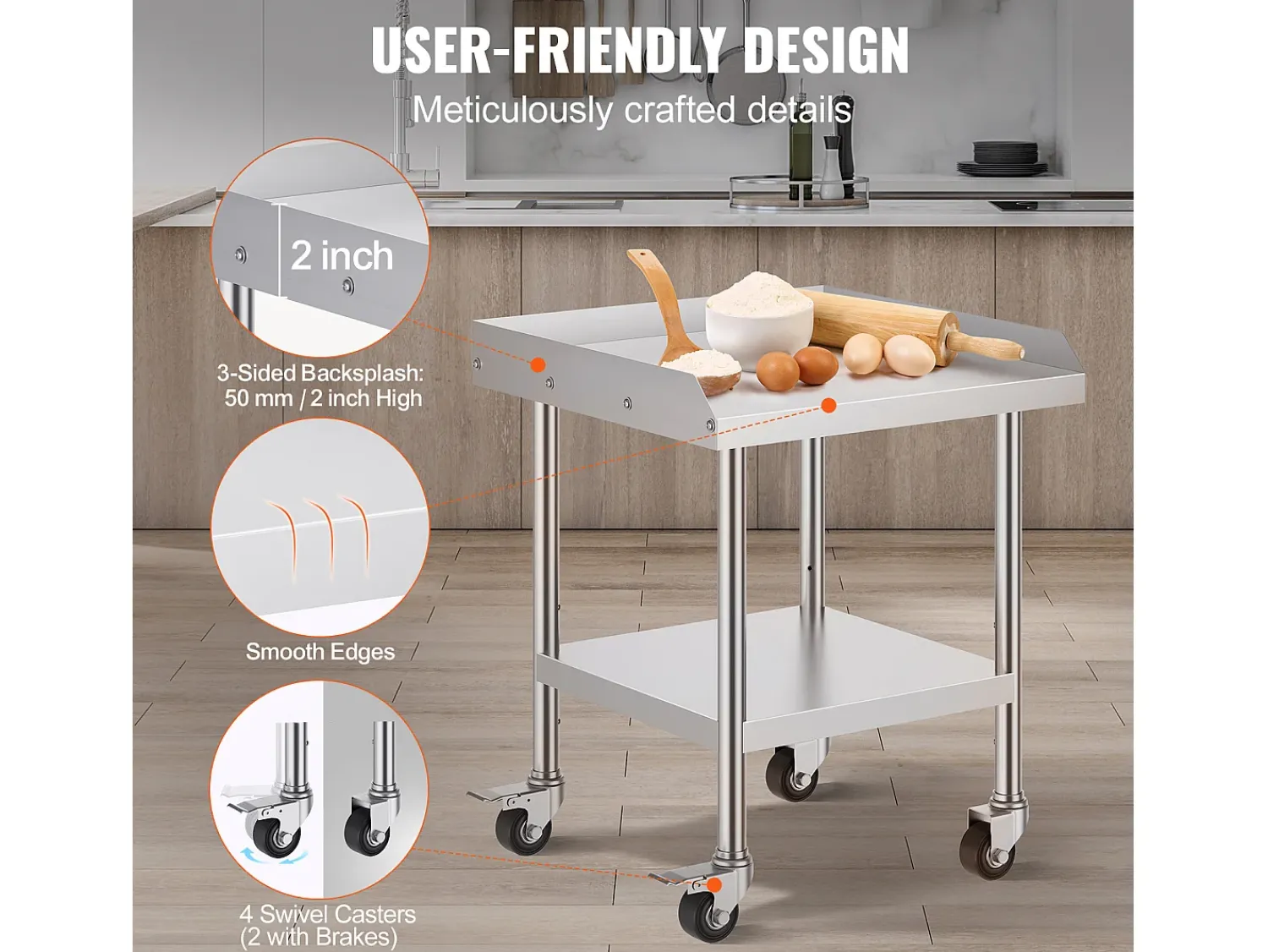 Móvel De Arrumação* Mesa de Trabalho SucceBuy Mesa de Trabalho em Aço Inoxidável 60.96 x 60.96 cm, Mesa de Preparação de Alimentos Comercial para Serviços Pesados Prateado
