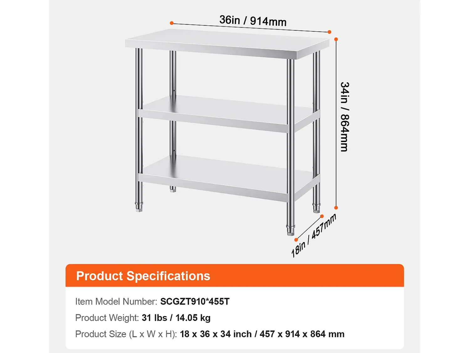 Móvel De Arrumação| Mesa de Trabalho SucceBuy Mesa de Trabalho em Aço Inoxidável 45.7 x 91.4 cm, Mesa de Preparação de Alimentos para Cozinha Comercial Prateado