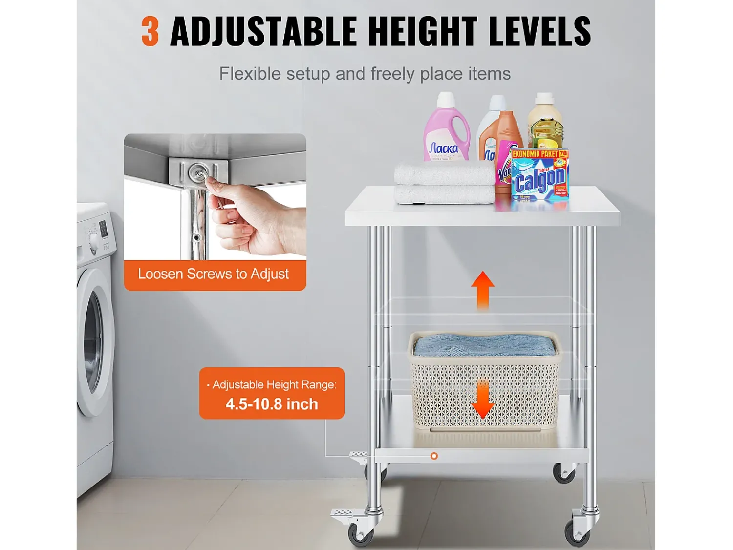 Móvel De Arrumação| Mesa de Trabalho SucceBuy Mesa de Trabalho em Aço Inoxidável 60.96 x 76.2 cm, Mesa de Preparação Comercial com 4 Rodízios Prateado