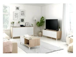 Móvel De Tv*Loungitude Mesa de TV Brooklyn em carvalho canadense e Nordic Artik White, 47x130x41 cm Natural claro