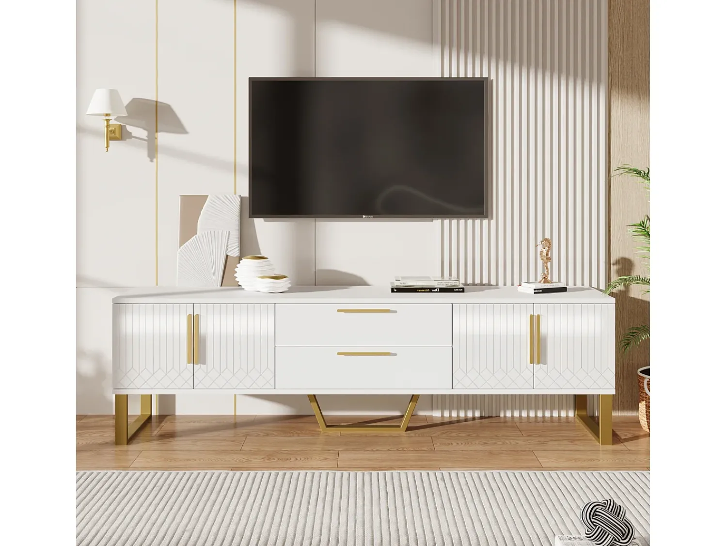 Mesa de TV com base, puxadores dourados, armário baixo para sala de estar com portas estruturadas esculpidas,^ Móvel De Tv