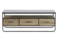 Móvel De Tv| Mesa de TV em madeira de abeto e ferro com tampo em vidro fumado Castanho