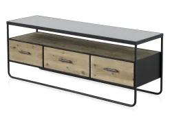 Móvel De Tv| Mesa de TV em madeira de abeto e ferro com tampo em vidro fumado Castanho