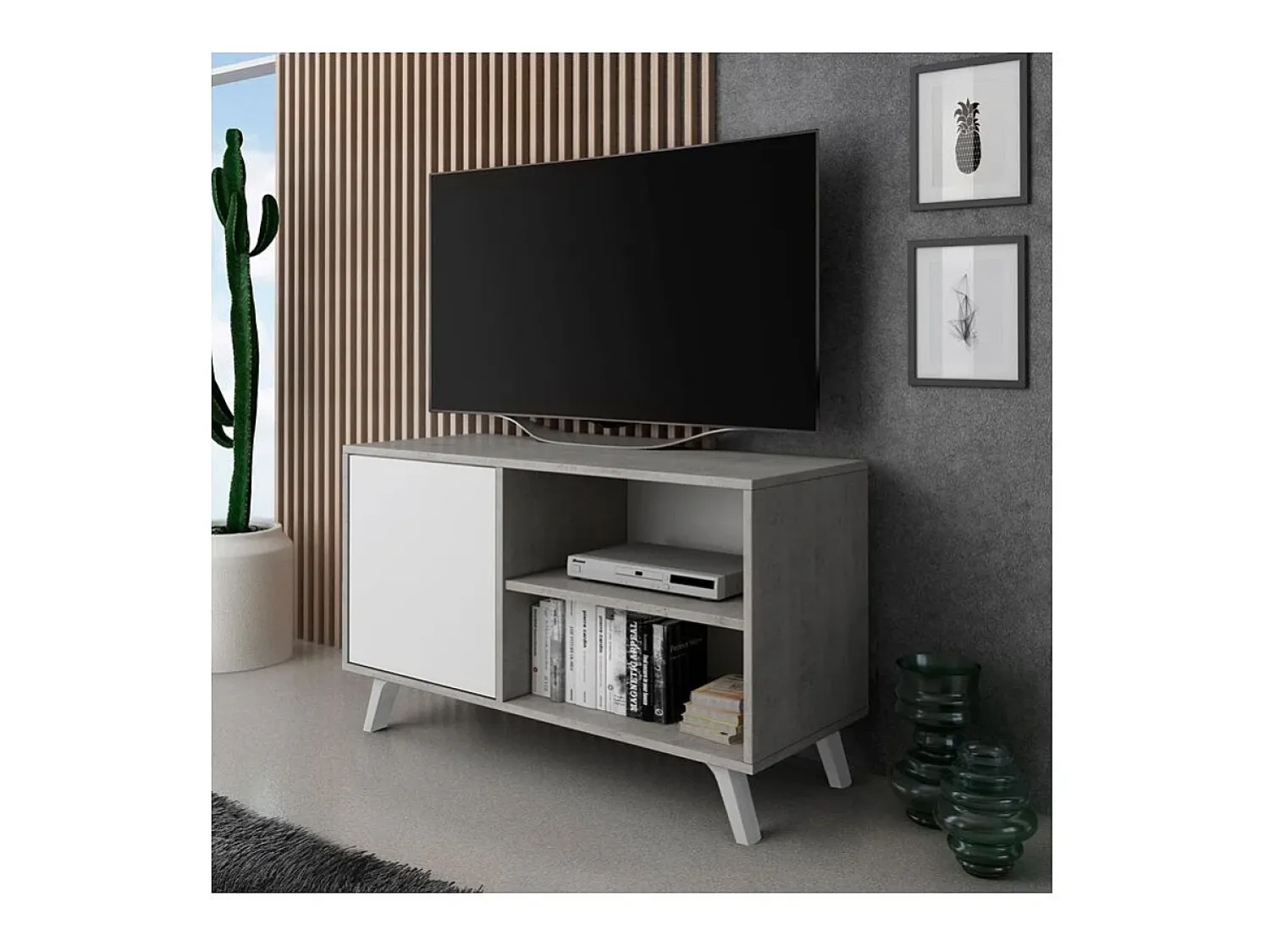duehome Mesa de TV Wind 100 Gris cemento - Blanco mate Castanho