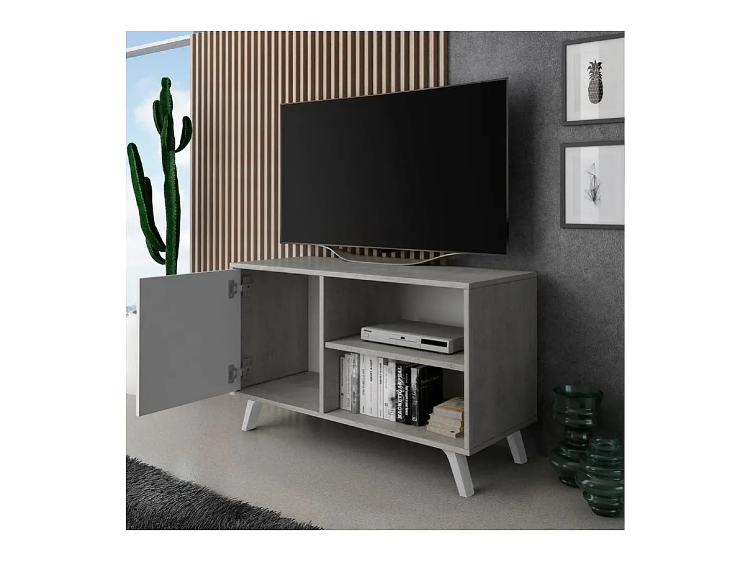 duehome Mesa de TV Wind 100 Gris cemento - Blanco mate Castanho
