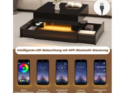 Mesa De Centro*Merax Mesa elevatória brilhante - 65 x 65 x 38,5 cm - com LEDs + 2 gavetas + armazenamento oculto - aglomerado - Preto