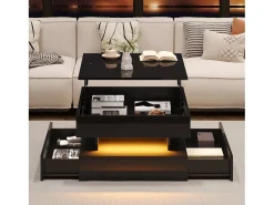 Mesa De Centro*Merax Mesa elevatória brilhante - 65 x 65 x 38,5 cm - com LEDs + 2 gavetas + armazenamento oculto - aglomerado - Preto