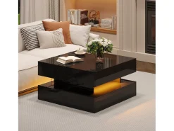 Mesa De Centro*Merax Mesa elevatória brilhante - 65 x 65 x 38,5 cm - com LEDs + 2 gavetas + armazenamento oculto - aglomerado - Preto