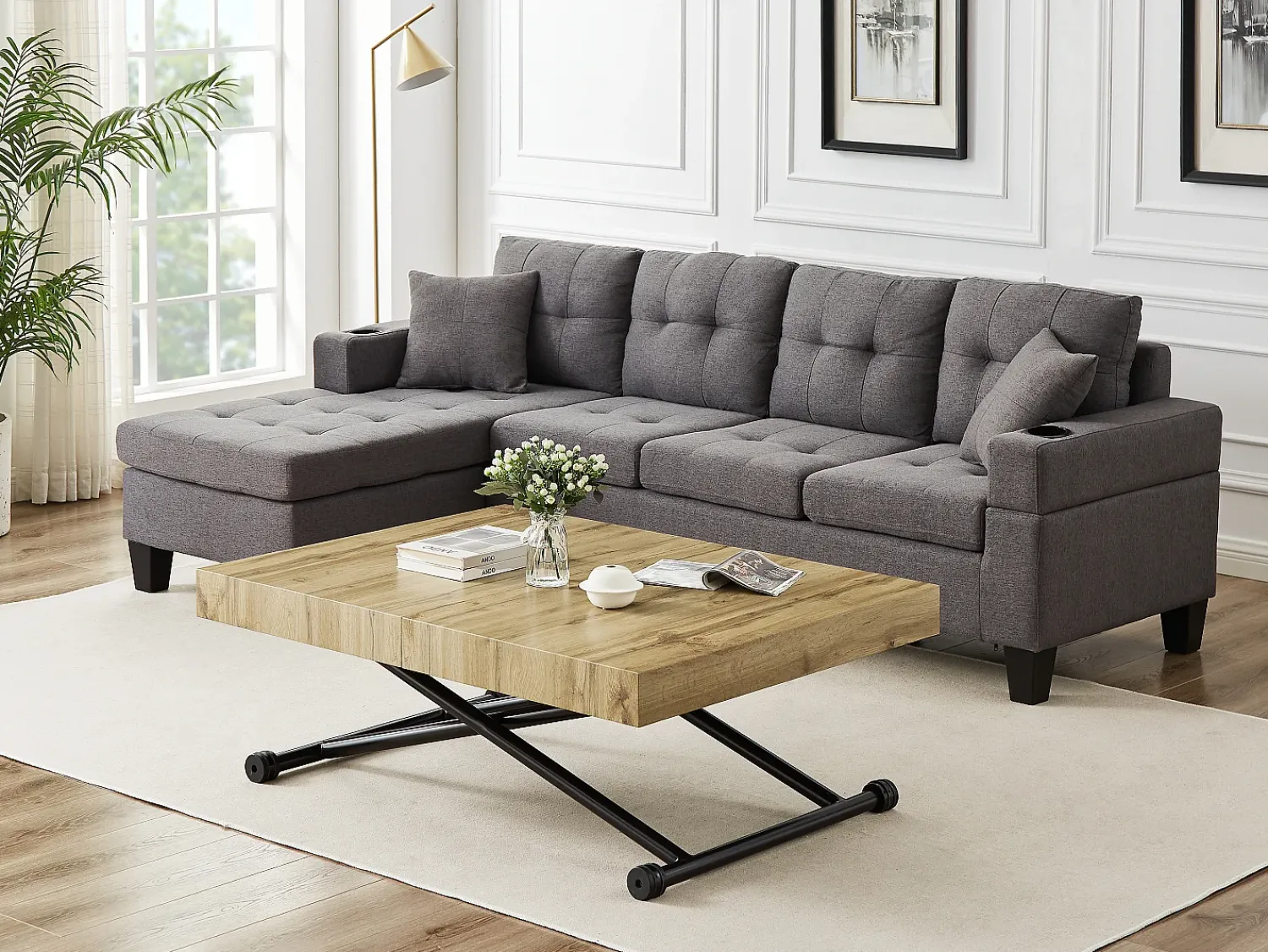 Best Vente-unique Mesa extensível e levadiça 2 em 1 MDF e aço natural e preto - MORIALA Preto / Natural claro
