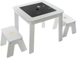 Mesa De Apoio|Atmosphera Mesa infantil com 2 bancos reversíveis, quarto, sala de jogos, branca Dourado