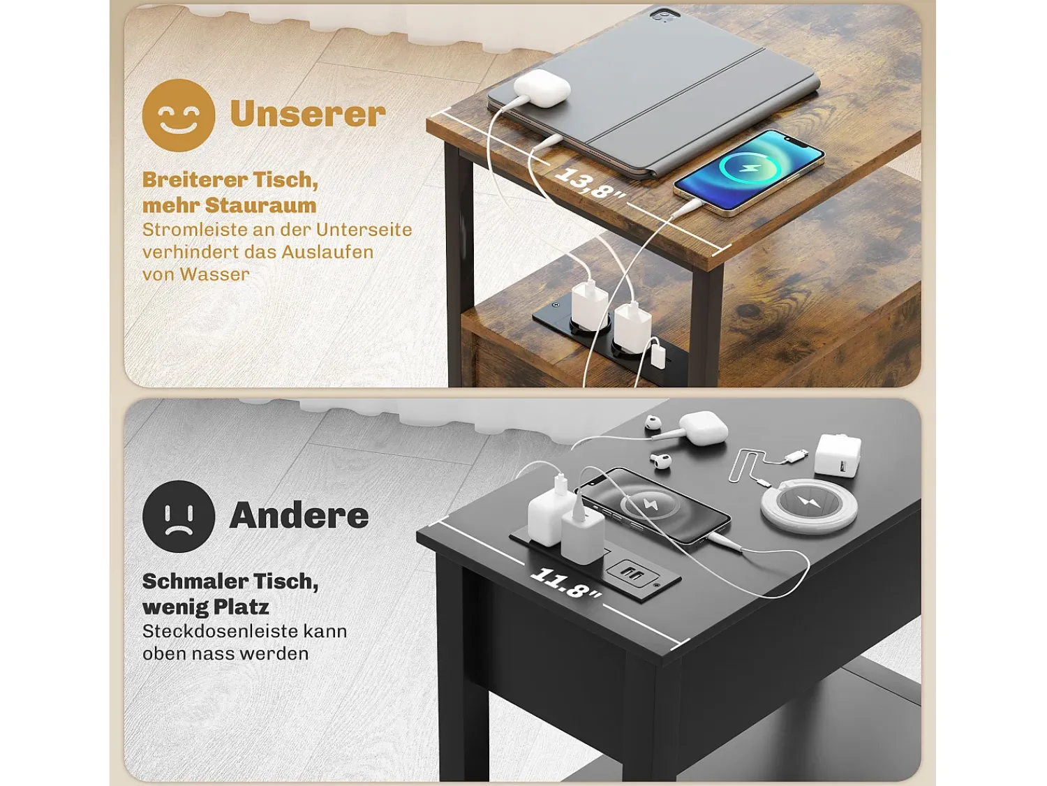 Mesa lateral estreita com 2 gavetas, portas USB e tomadas elétricas, para sala de estar, quarto, marrom^ Mesa De Apoio