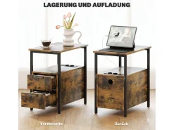 Mesa lateral estreita com 2 gavetas, portas USB e tomadas elétricas, para sala de estar, quarto, marrom^ Mesa De Apoio