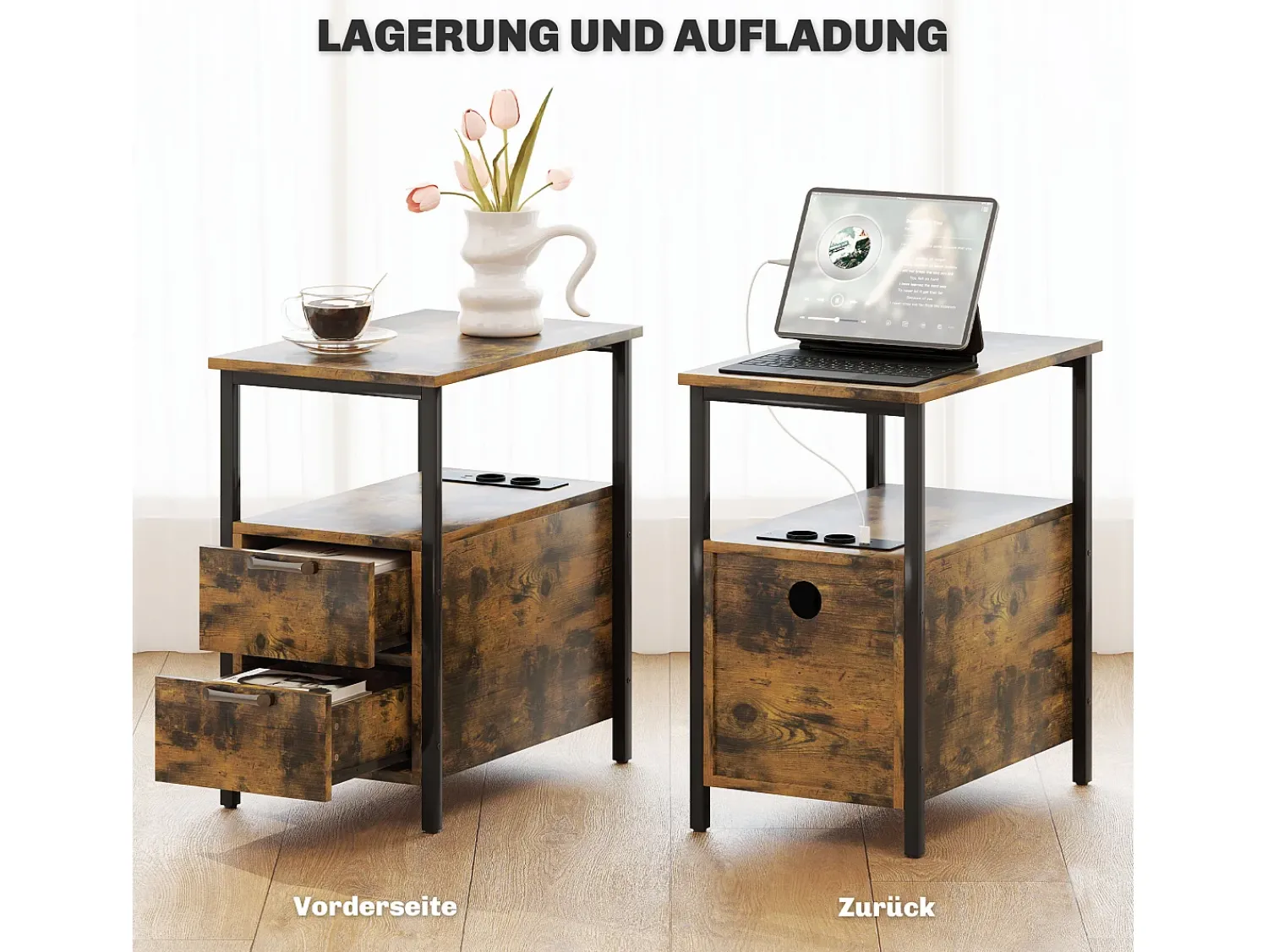 Mesa lateral estreita com 2 gavetas, portas USB e tomadas elétricas, para sala de estar, quarto, marrom^ Mesa De Apoio