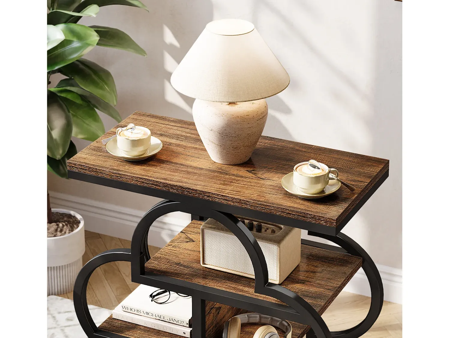 Mesa De Apoio|Tribesigns Mesa Lateral Estreita, Mesa Lateral de Madeira Pequena de 4 Andares com Moldura de Metal Curva Castanho