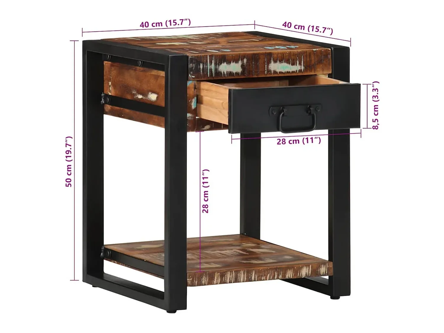 New vidaxl Mesa lateral 40x40x50 cm madeira maciça recuperada Multicor