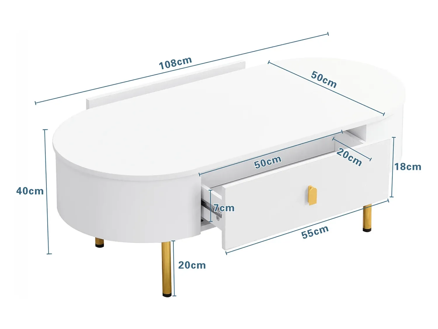 Mesa lateral para sala de estar com 2 gavetas, design curvo anticolisão, branca^ Mesa De Centro