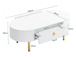 Mesa lateral para sala de estar com 2 gavetas, design curvo anticolisão, branca^ Mesa De Centro