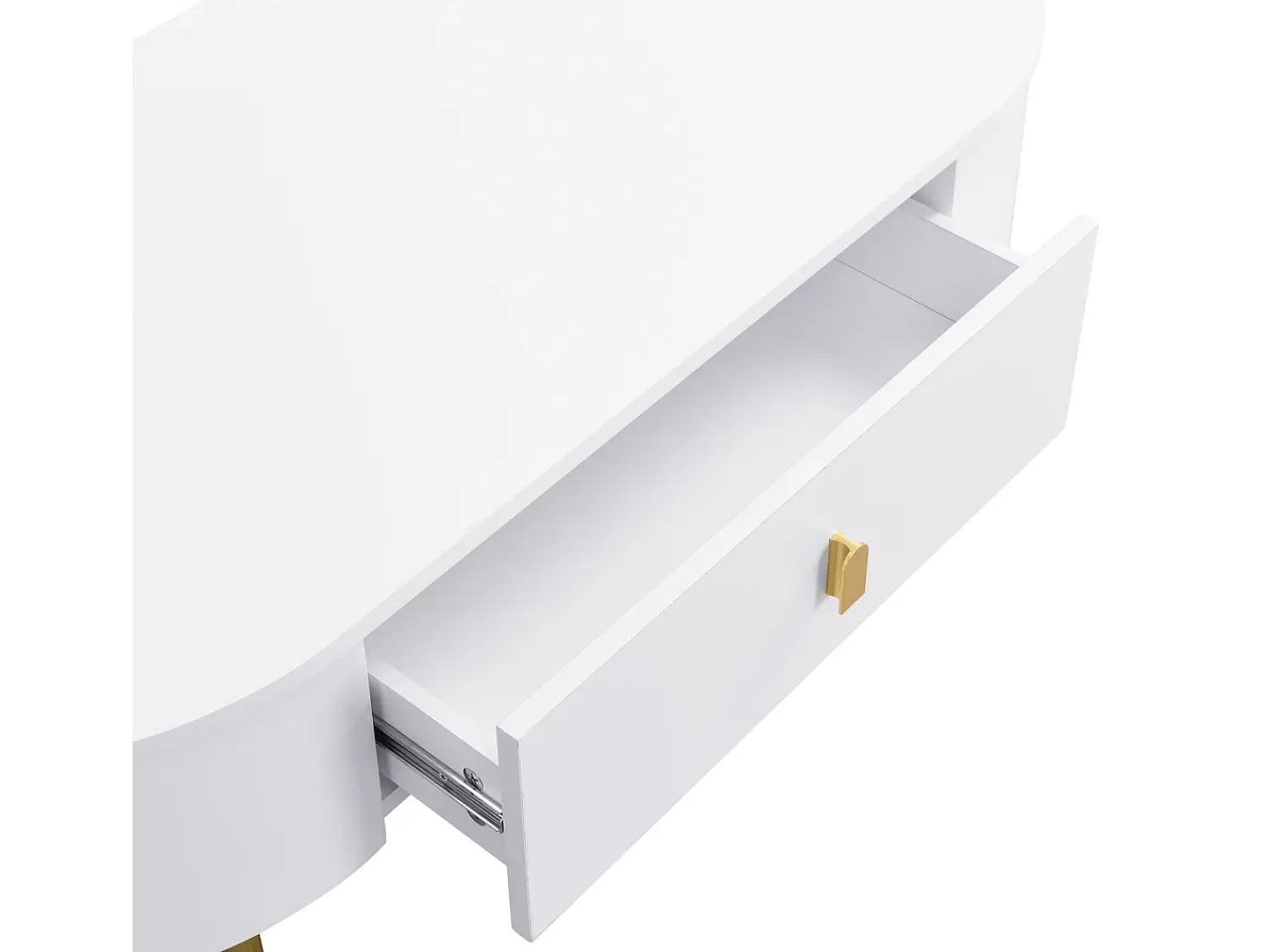 Mesa lateral para sala de estar com 2 gavetas, design curvo anticolisão, branca^ Mesa De Centro