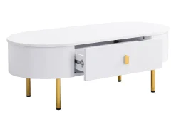 Mesa lateral para sala de estar com 2 gavetas, design curvo anticolisão, branca^ Mesa De Centro