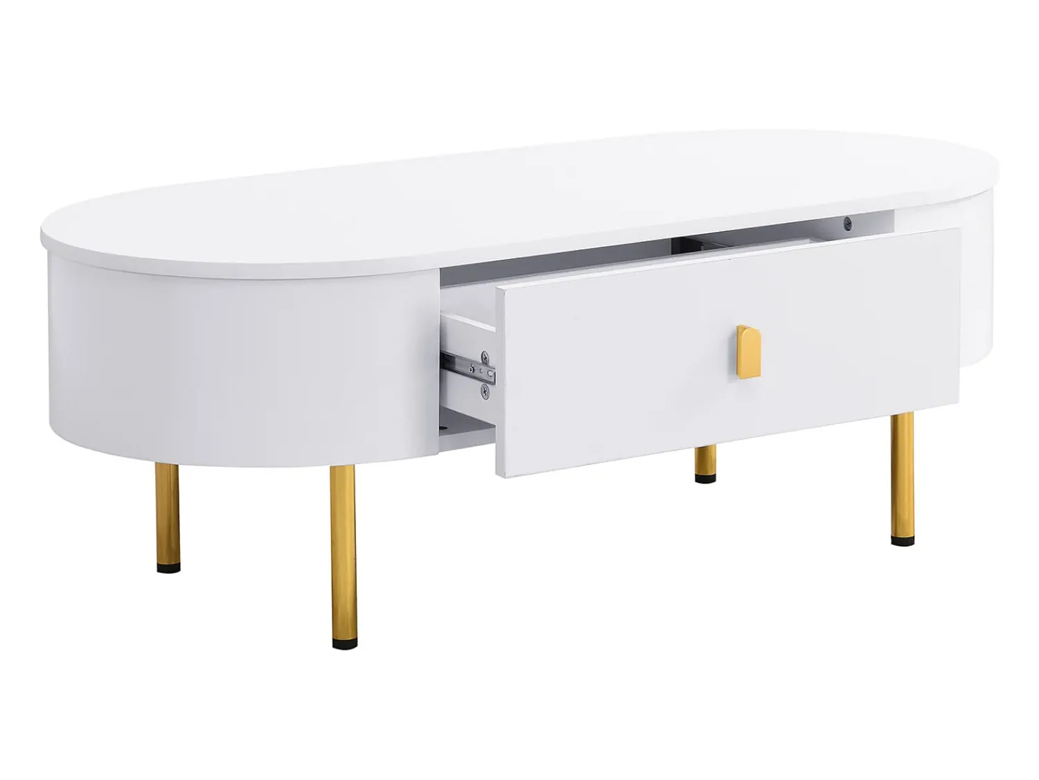 Mesa lateral para sala de estar com 2 gavetas, design curvo anticolisão, branca^ Mesa De Centro