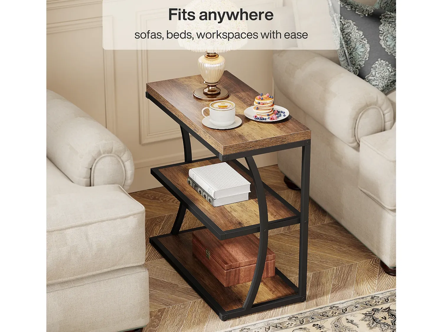 Discount Tribesigns Mesa Lateral Pequena e Estreita, Mesa Decorativa de Metal no Estilo Rural para Sala de Estar, Quarto, Espaços Pequenos, Lado da Cama Castanho
