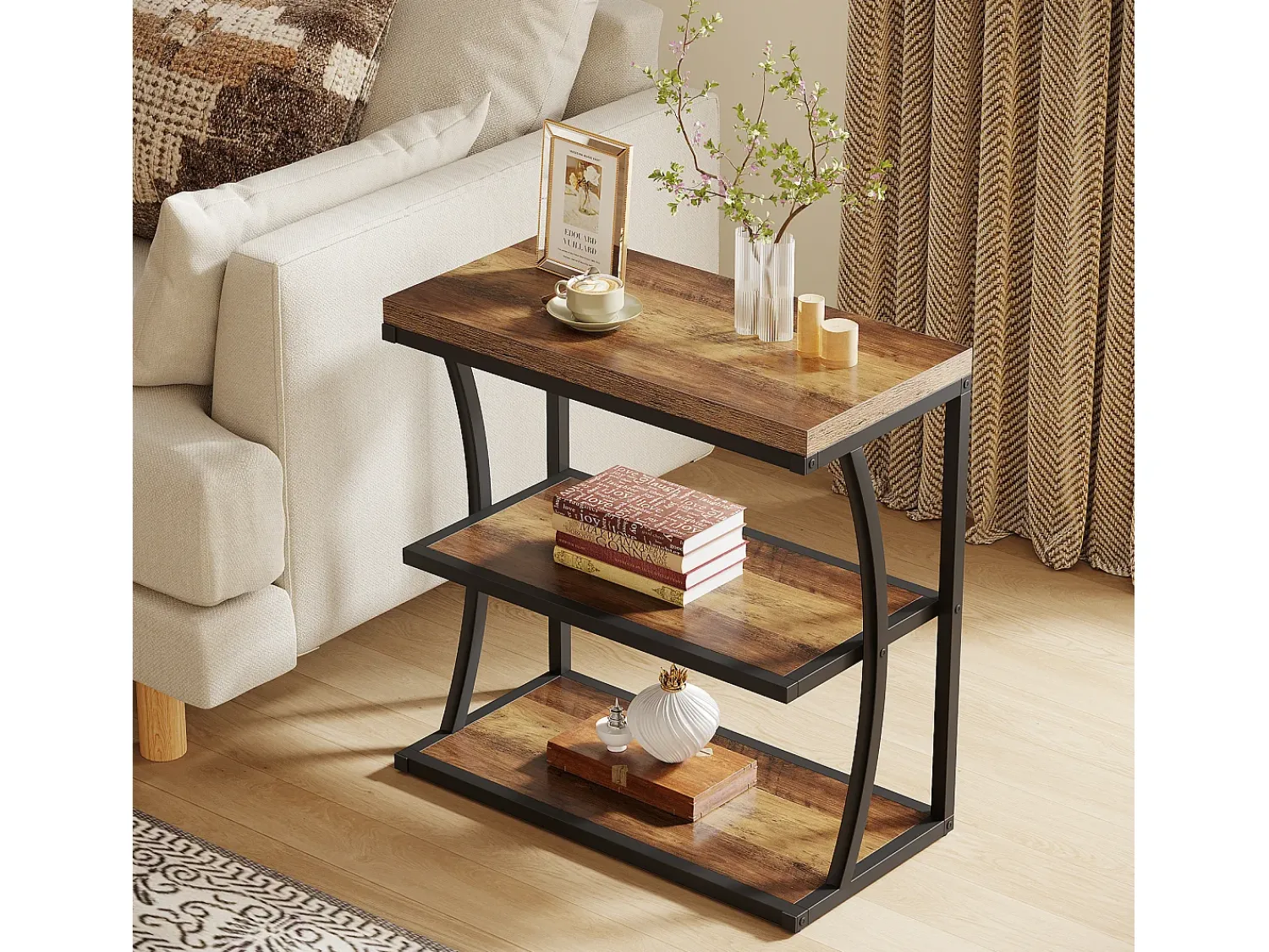 Discount Tribesigns Mesa Lateral Pequena e Estreita, Mesa Decorativa de Metal no Estilo Rural para Sala de Estar, Quarto, Espaços Pequenos, Lado da Cama Castanho