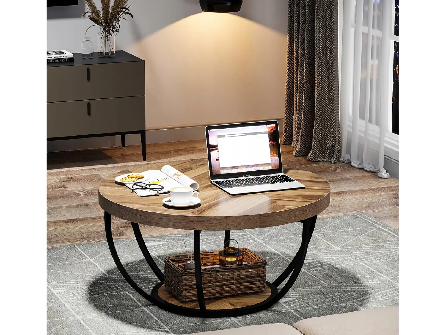 Mesa De Centro*Tribesigns Mesa redonda baixa de coquetel industrial moderna com dois níveis e prateleiras, mesa auxiliar circular para sofá com pernas de metal Castanho