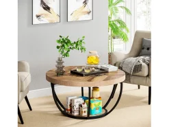 Mesa De Centro*Tribesigns Mesa redonda baixa de coquetel industrial moderna com dois níveis e prateleiras, mesa auxiliar circular para sofá com pernas de metal Castanho