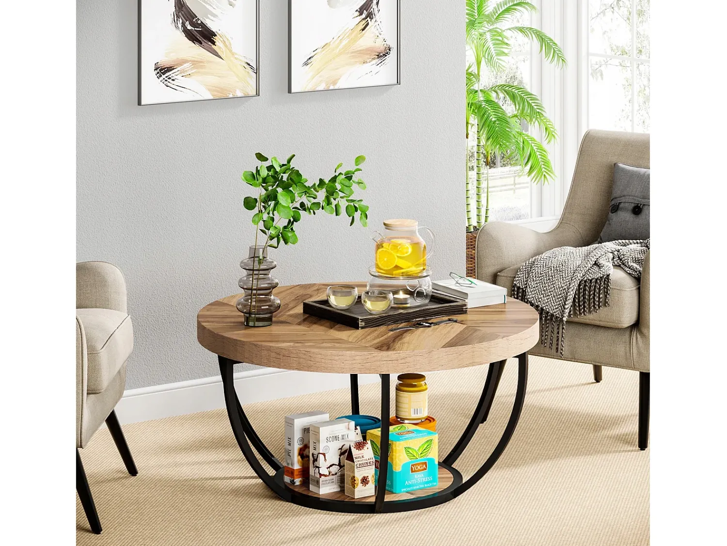 Mesa De Centro*Tribesigns Mesa redonda baixa de coquetel industrial moderna com dois níveis e prateleiras, mesa auxiliar circular para sofá com pernas de metal Castanho