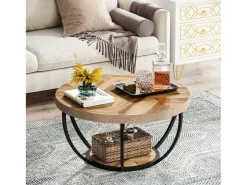 Mesa De Centro*Tribesigns Mesa redonda baixa de coquetel industrial moderna com dois níveis e prateleiras, mesa auxiliar circular para sofá com pernas de metal Castanho