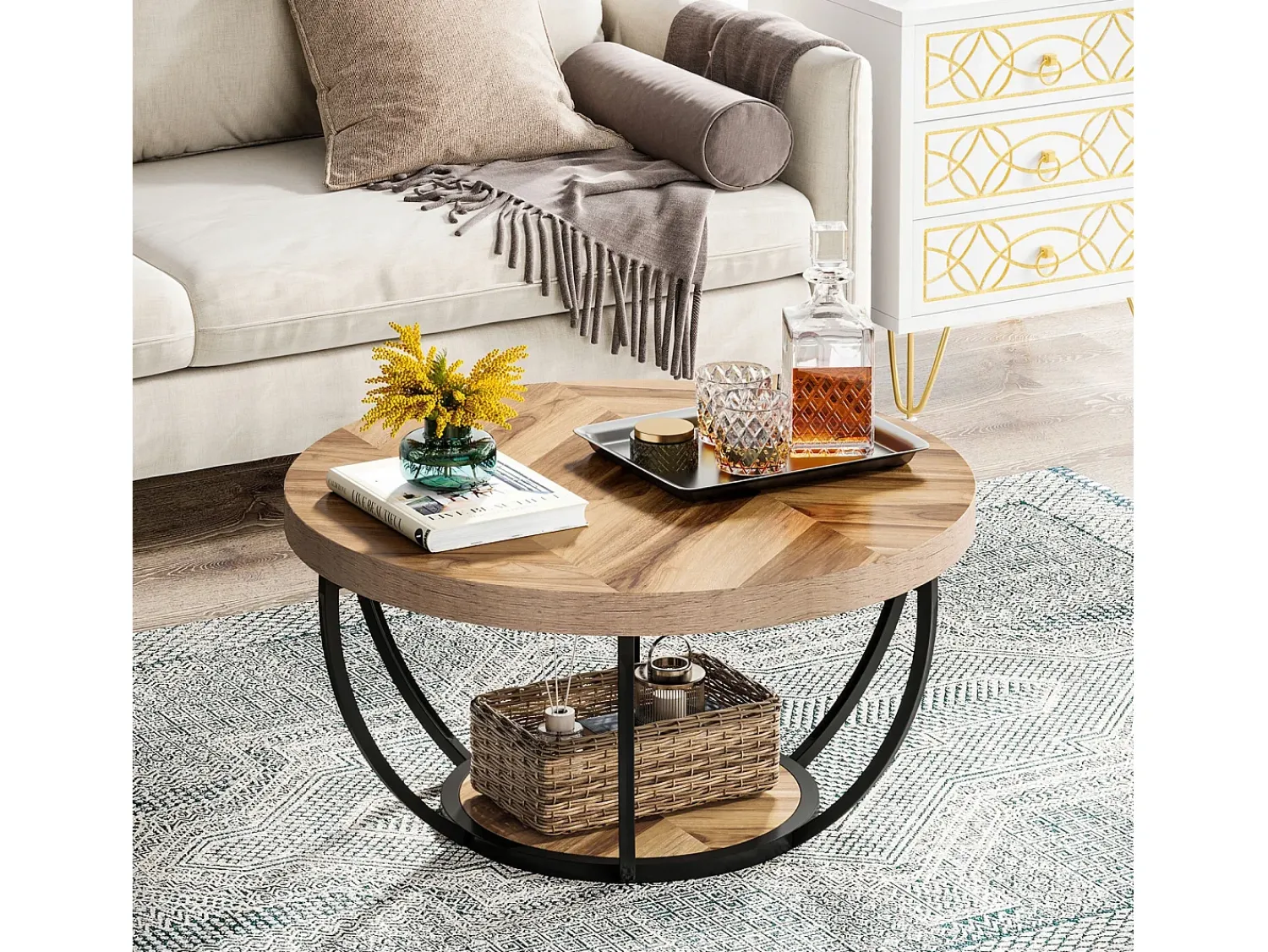 Mesa De Centro*Tribesigns Mesa redonda baixa de coquetel industrial moderna com dois níveis e prateleiras, mesa auxiliar circular para sofá com pernas de metal Castanho