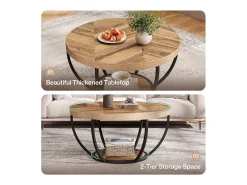 Mesa De Centro*Tribesigns Mesa redonda baixa de coquetel industrial moderna com dois níveis e prateleiras, mesa auxiliar circular para sofá com pernas de metal Castanho