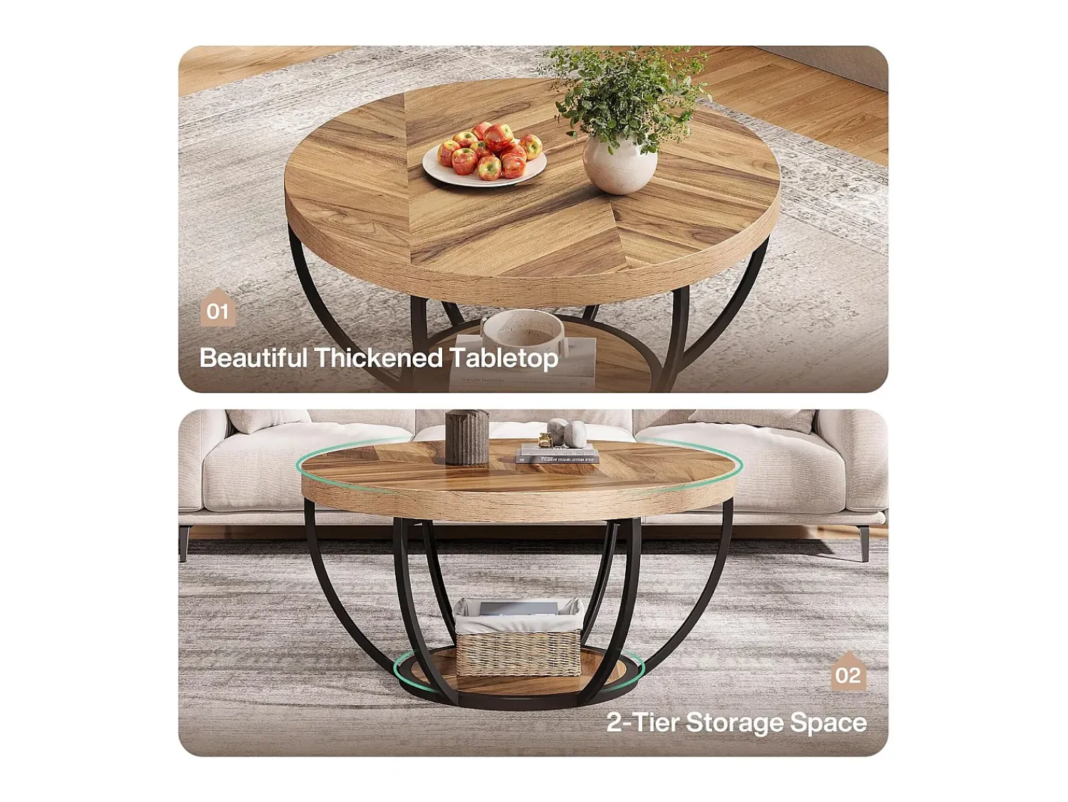 Mesa De Centro*Tribesigns Mesa redonda baixa de coquetel industrial moderna com dois níveis e prateleiras, mesa auxiliar circular para sofá com pernas de metal Castanho