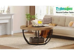 Mesa De Centro*Tribesigns Mesa redonda baixa de coquetel industrial moderna com dois níveis e prateleiras, mesa auxiliar circular para sofá com pernas de metal Castanho