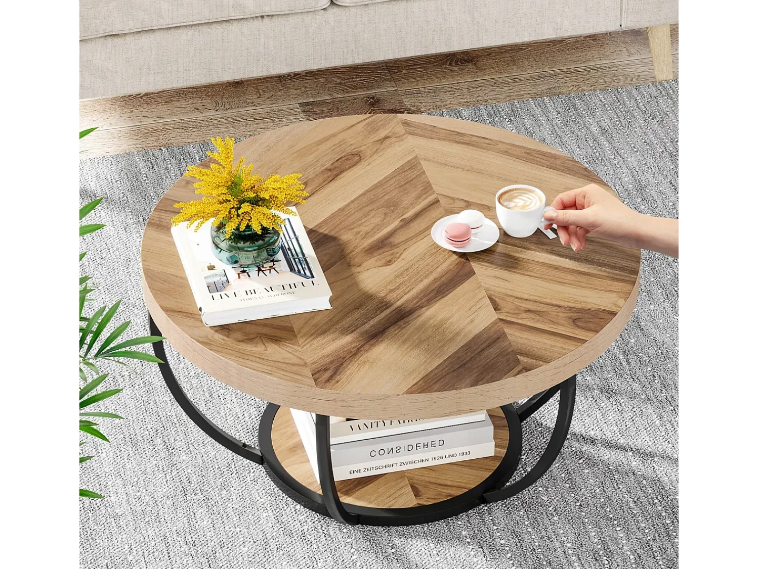Mesa De Centro*Tribesigns Mesa redonda baixa de coquetel industrial moderna com dois níveis e prateleiras, mesa auxiliar circular para sofá com pernas de metal Castanho