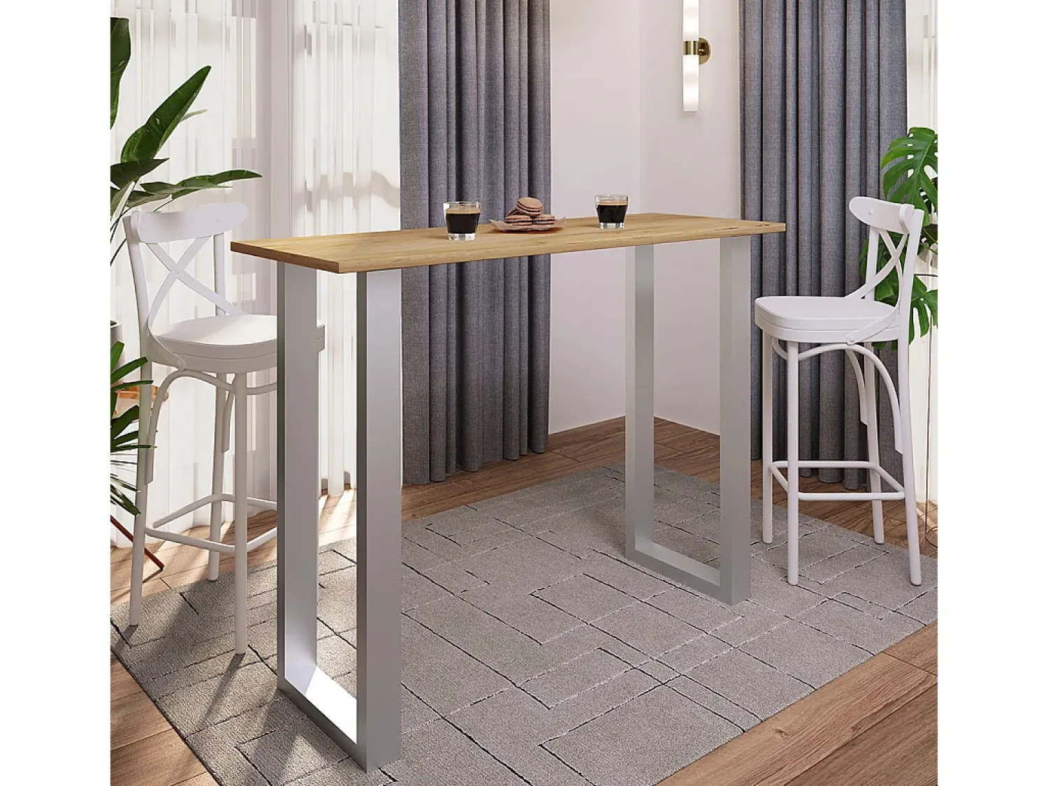 Móvel De Bar|VCM Mesa Bar | Tresen | Mesa em pé | Mesa alta | Mesa Barba Bar - Xona 140x50 cm (Prata / Carvalho Mel) Multicor