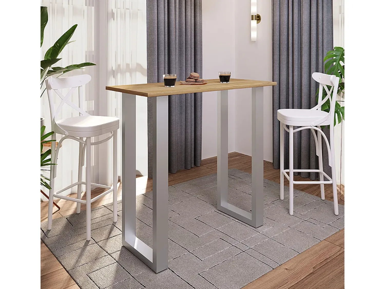 VCM Mesa Bar | Tresen | Mesa em pé | Mesa alta | Mesa Barba Bar - Xona 110x50 cm (Prata / Carvalho Mel)^ Móvel De Bar