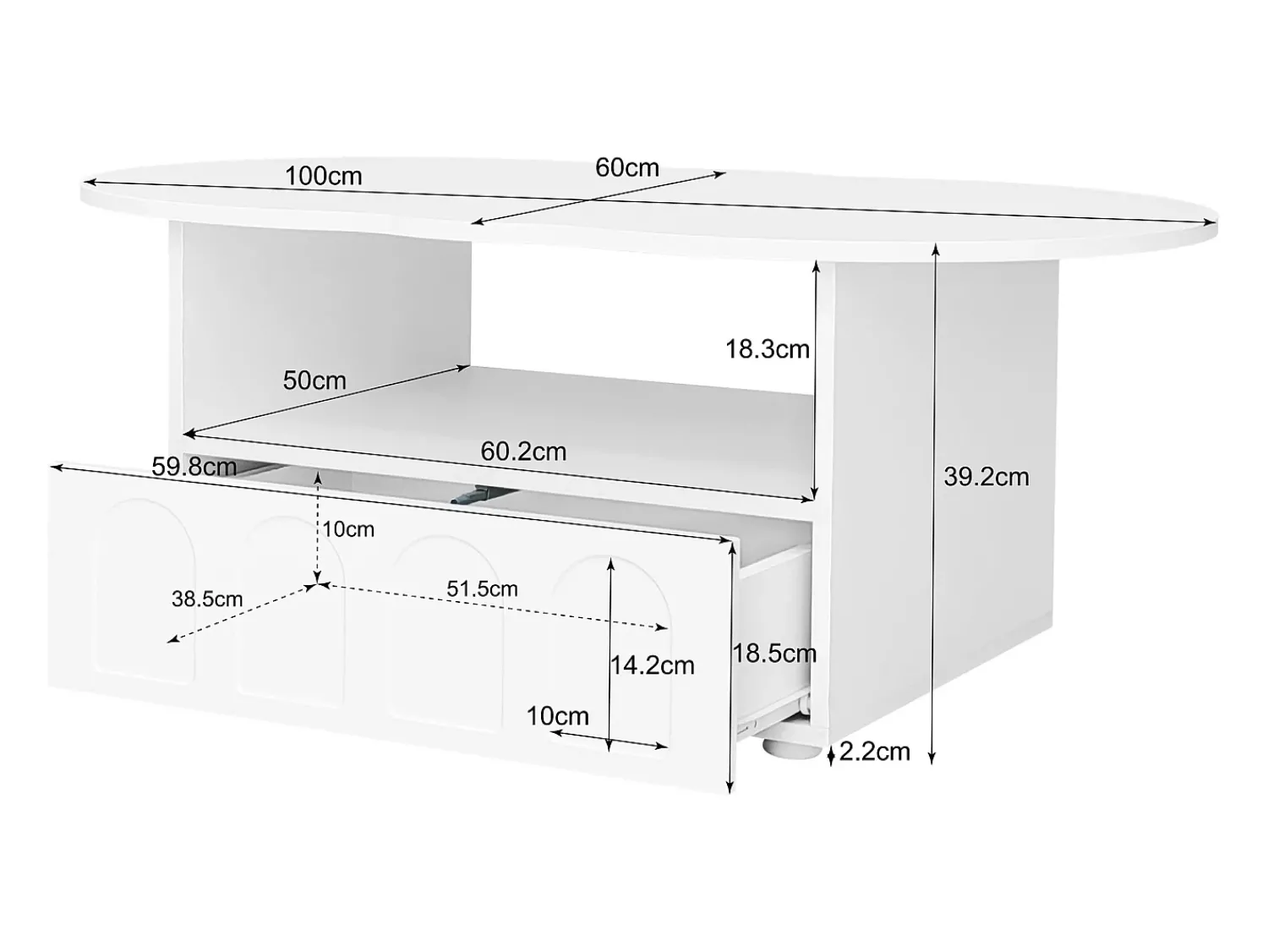 Mesa De Centro|ModernLuxe Mesa de centro com gavetas e compartimento aberto - tampo em forma de nuvem - Branco