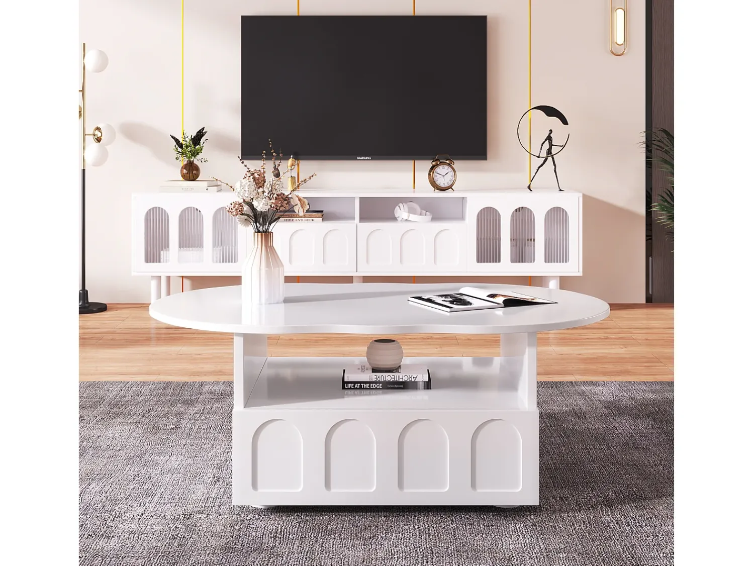 Mesa De Centro|ModernLuxe Mesa de centro com gavetas e compartimento aberto - tampo em forma de nuvem - Branco