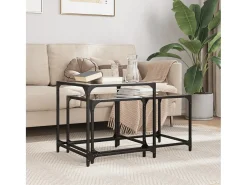 Mesa De Centro| Mesas de Café Nesting 2 peças com tampo de vidro em aço Preto