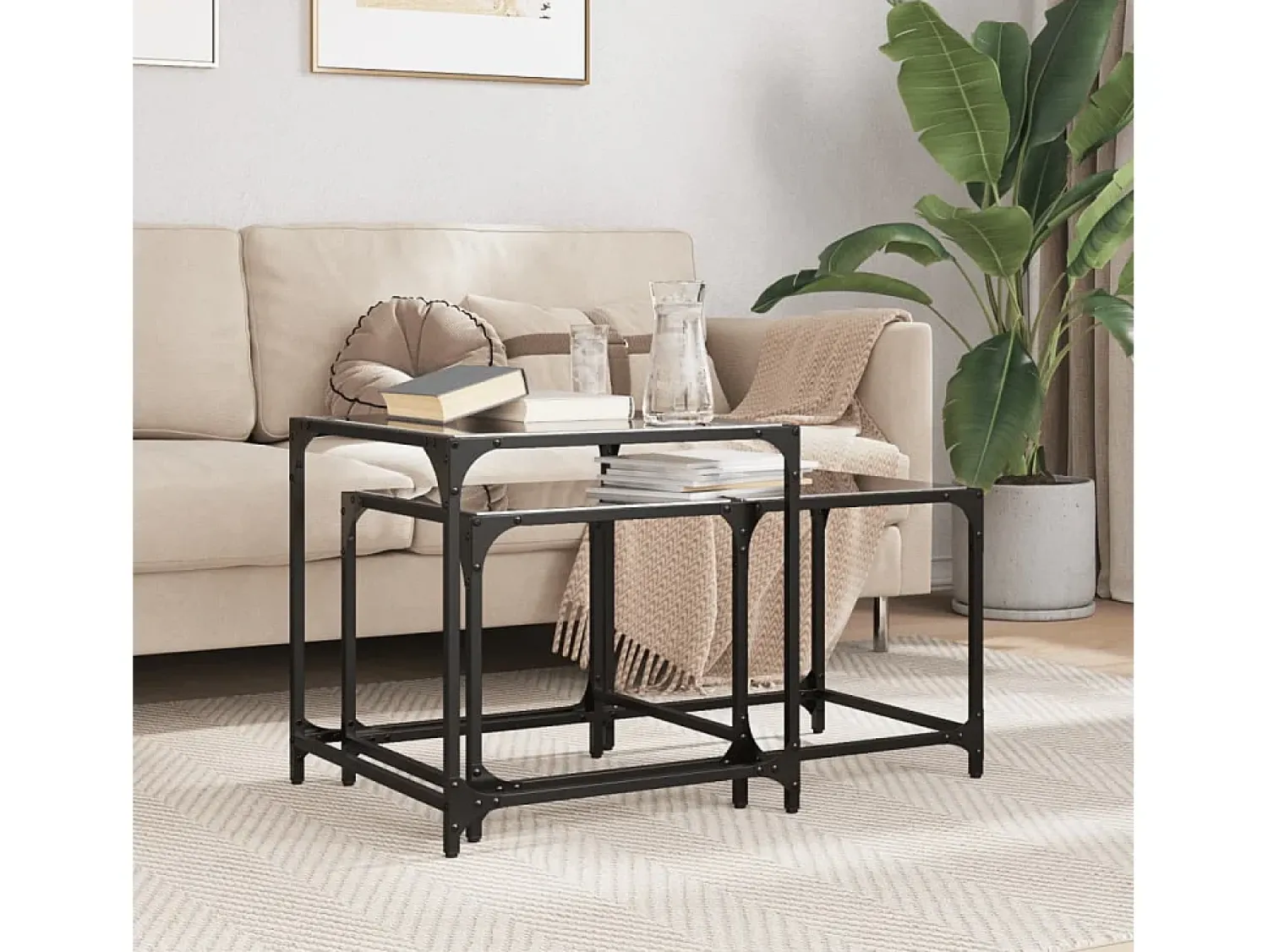 Mesa De Centro| Mesas de Café Nesting 2 peças com tampo de vidro em aço Preto