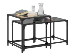 Mesa De Centro| Mesas de Café Nesting 2 peças com tampo de vidro em aço PT370842 Preto