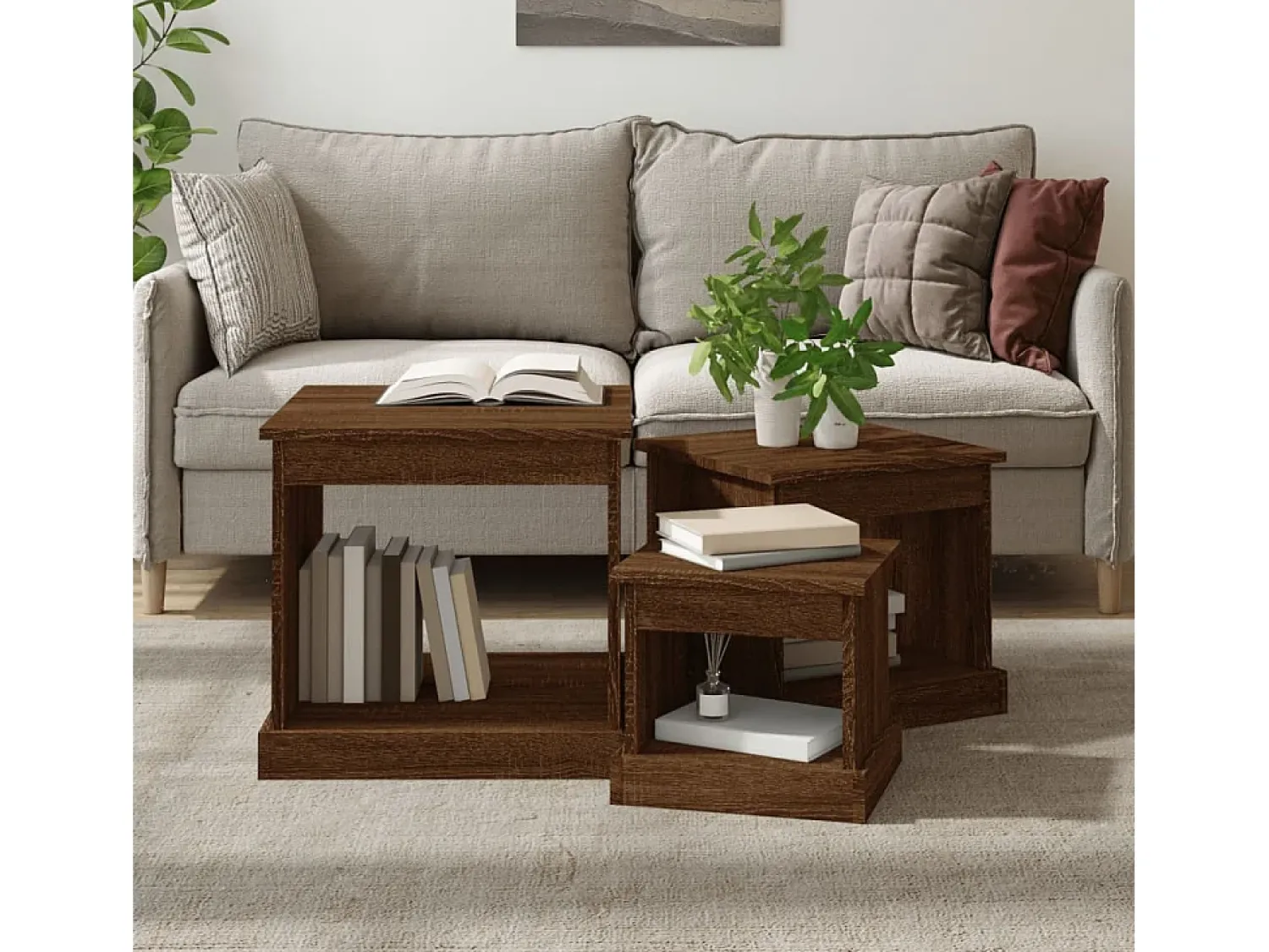 Mesa De Centro| Mesas de centro 3 pcs derivados de madeira carvalho Castanho