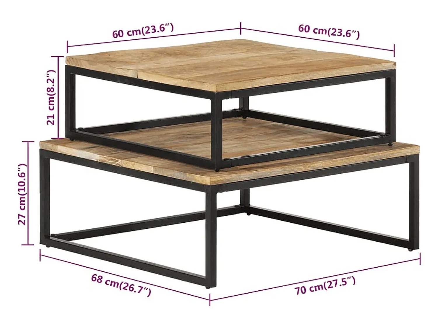Mesa De Centro|vidaxl Mesas de centro de encastrar 2 pcs madeira de mangueira maciça Natural claro