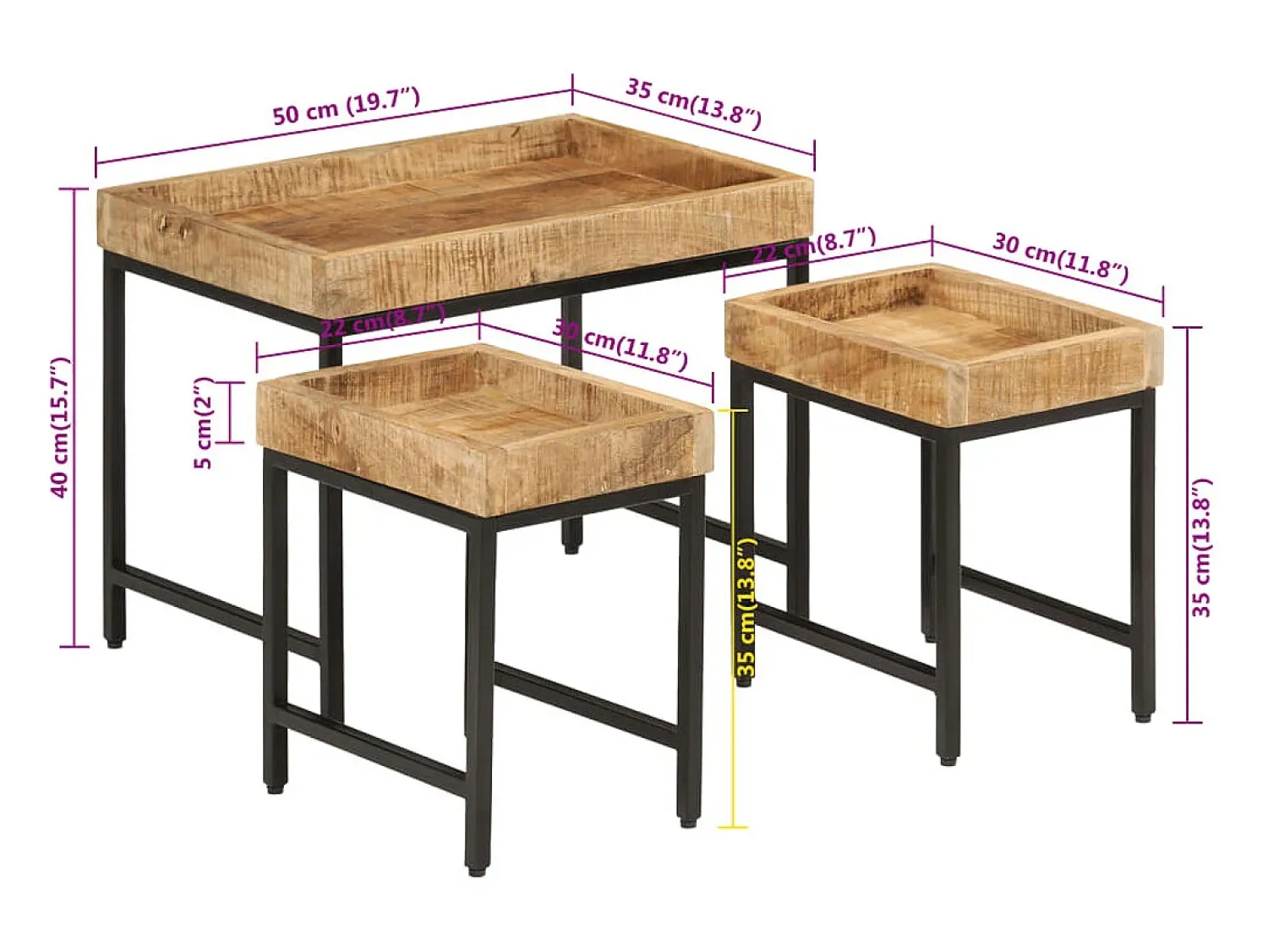Mesa De Centro|vidaxl Mesas de centro de encastrar 3pcs mangueira maciça áspera/ferro Natural claro