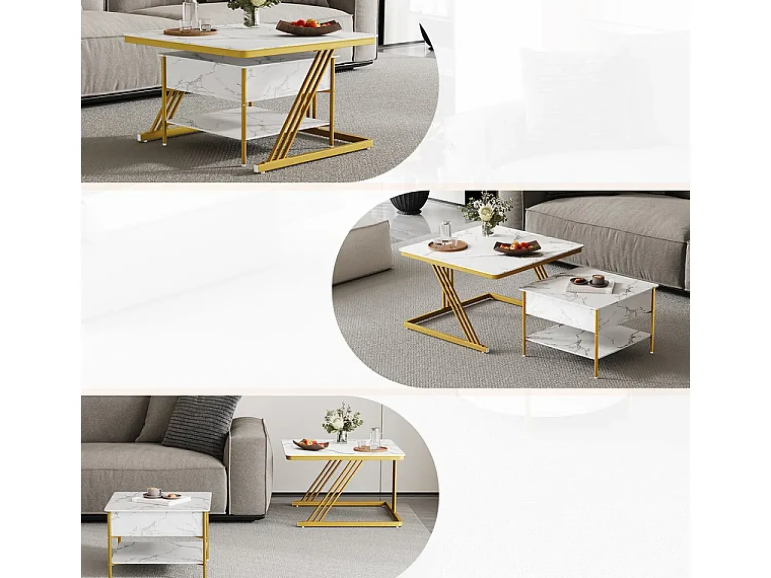 New DripeX Mesas de centro nido quadradas, com tampo rebatível, pés de metal dourado, carga máx. 80kg, e dourado Branco